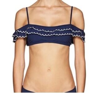 New Kisuii Issa Off Shoulder Bikini Top White Navy scalloped trim